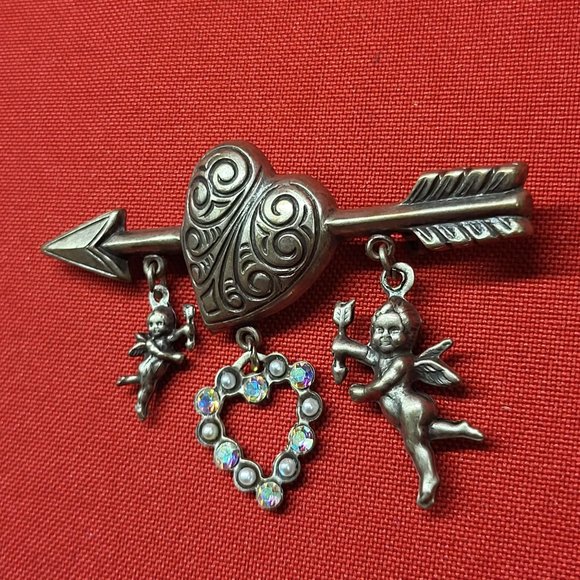 VTG Pin Brooch Arrow Through the Heart Hanging Angels - Picture 4 of 11